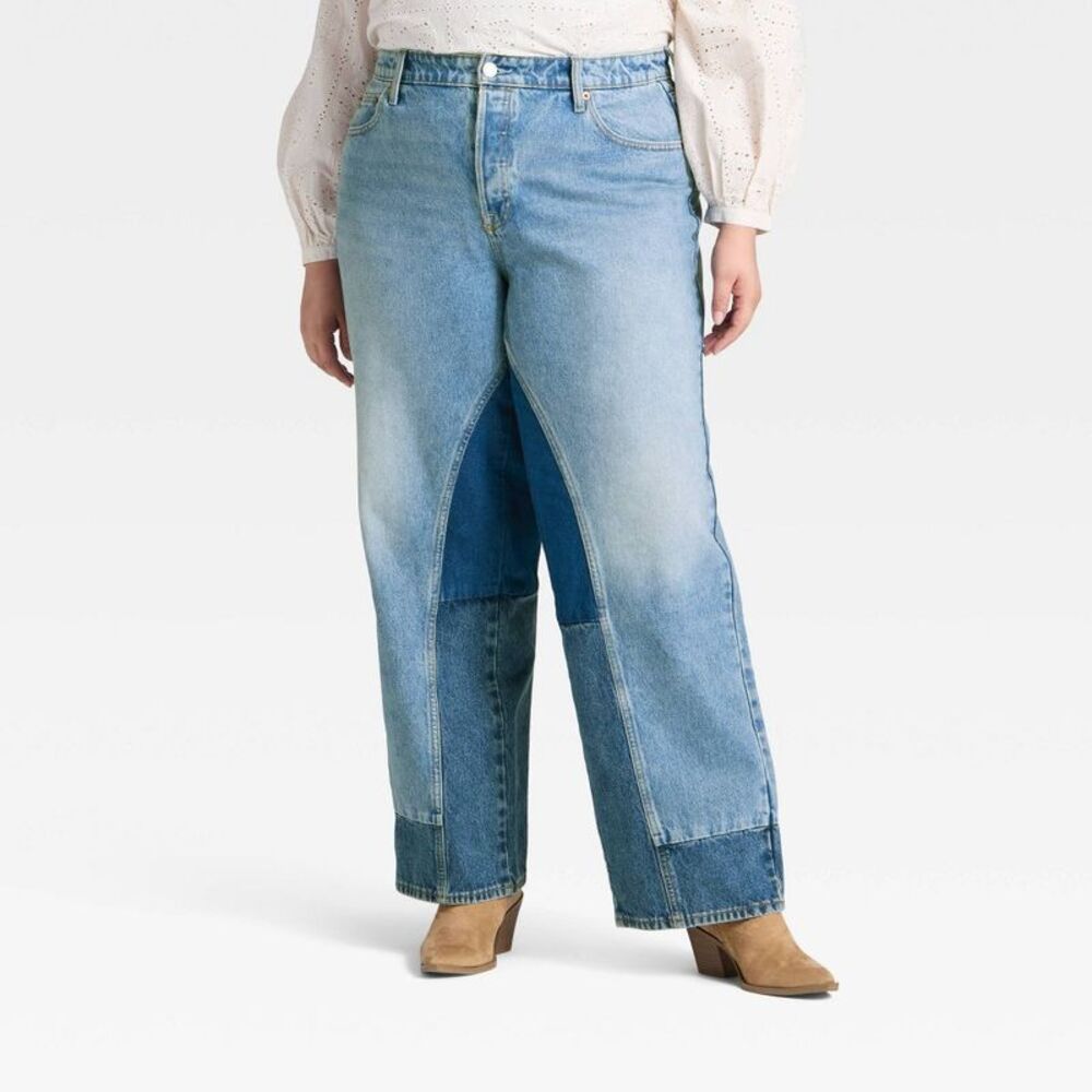 Women's Mid-Rise 90's Baggy Denim Jeans - Universa Medium Wash/Patch Work